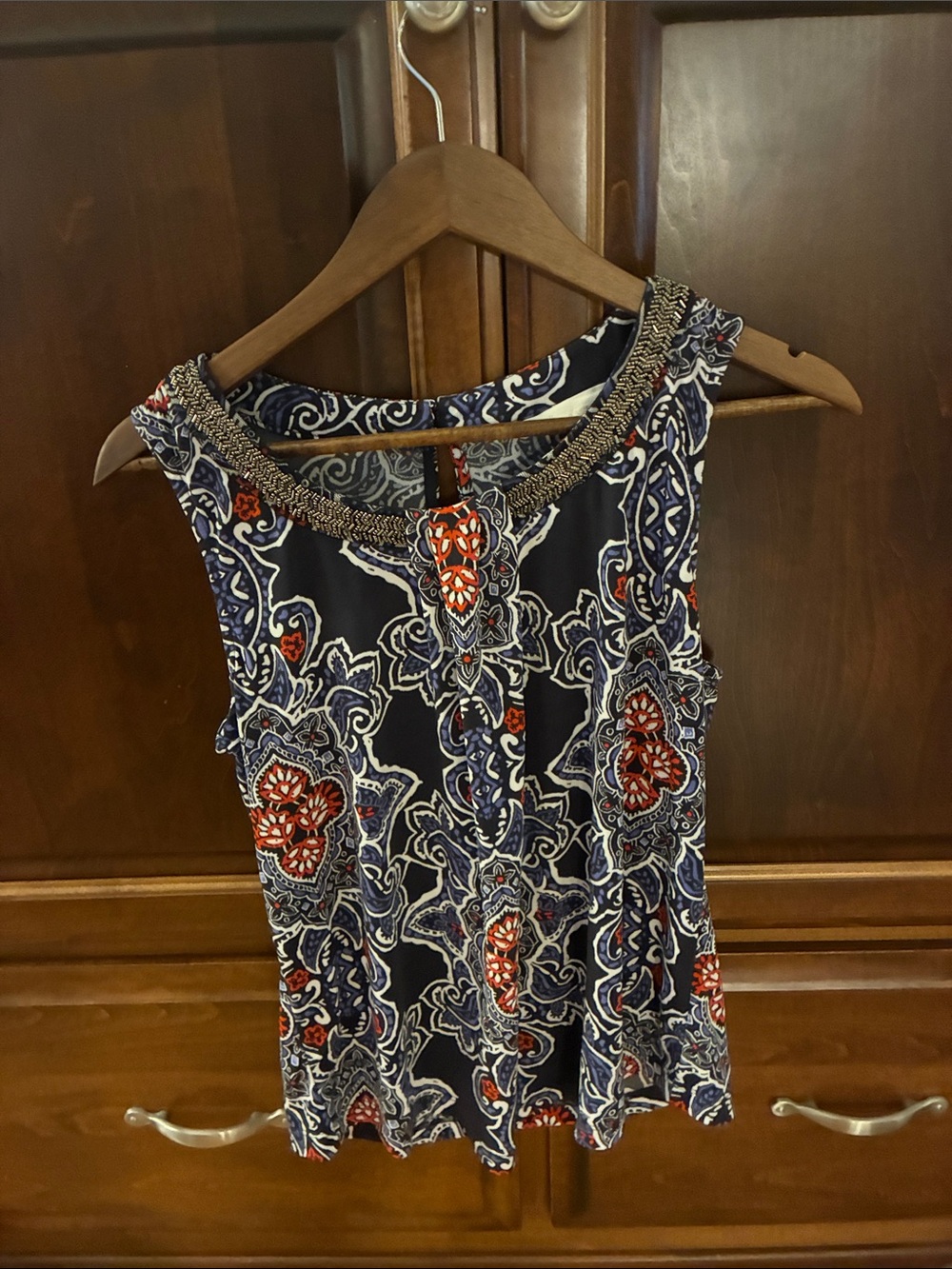 Navy Paisley Sleeveless Tank Top with Beaded Neckline